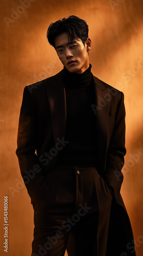 Young man posing in a stylish outfit against a warm, dramatic background during an artistic photoshoot