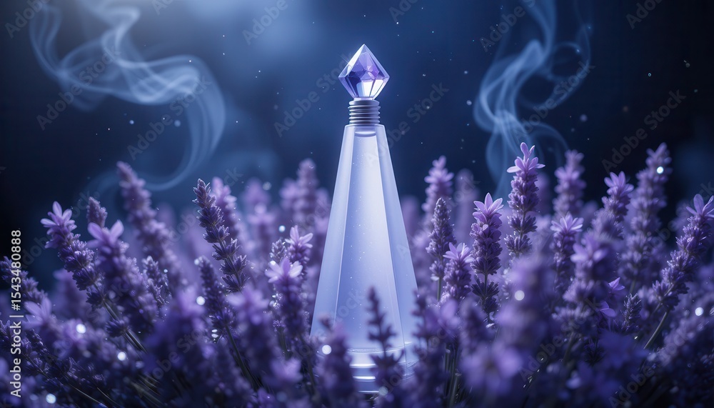 Naklejka premium Frosted Crystal Perfume Bottle with Sapphire Stopper Amidst Lavender
