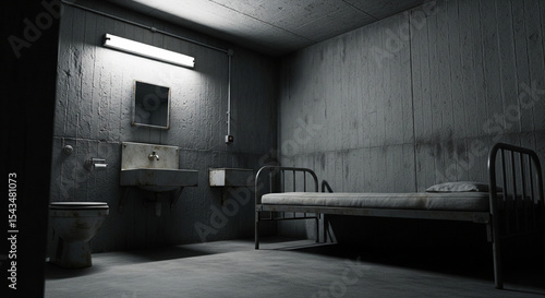 Lonely Prison Cell with Bed and Sink