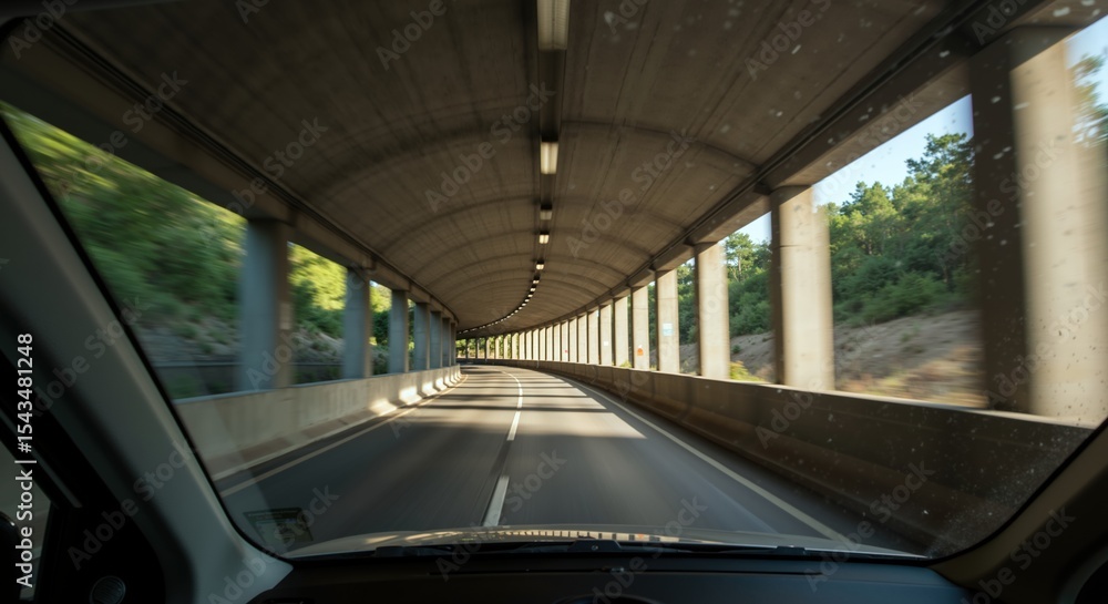 Obraz premium Car windshield view driving through concrete tunnel with arched ceiling and support columns. Highway underpass infrastructure transportation. Urban road travel concept banner horizontal