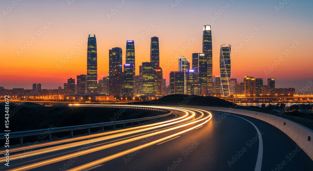 City Skyline at Sunset with Light Trails City Skyline at Sunset with Light Trails