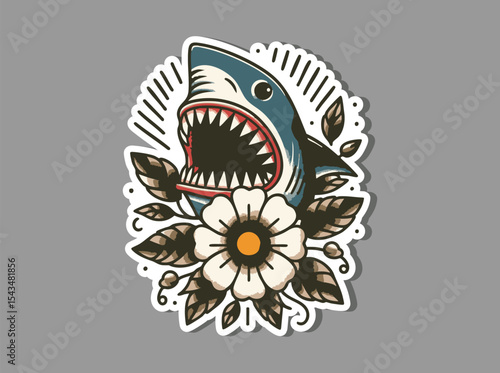 Vintage Shark and Rose Grunge Tattoo Design