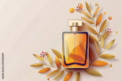 Top view of elegant perfume bottle with flowers and oud over yellow background. Cosmetics, fragrance and perfumery concept.