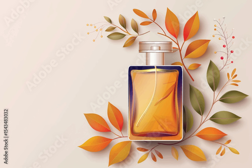 Top view of elegant perfume bottle with flowers and oud over yellow background. Cosmetics, fragrance and perfumery concept.