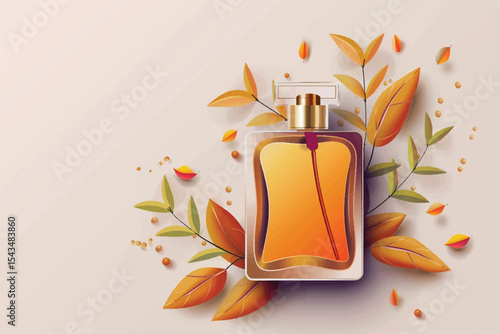 Top view of elegant perfume bottle with flowers and oud over yellow background. Cosmetics, fragrance and perfumery concept.