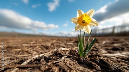 A lone daffodil stands resiliently in dry earth, representing hope, renewal, and the tenacity of life, a striking image amidst a desolate landscape under a bright blue sky.