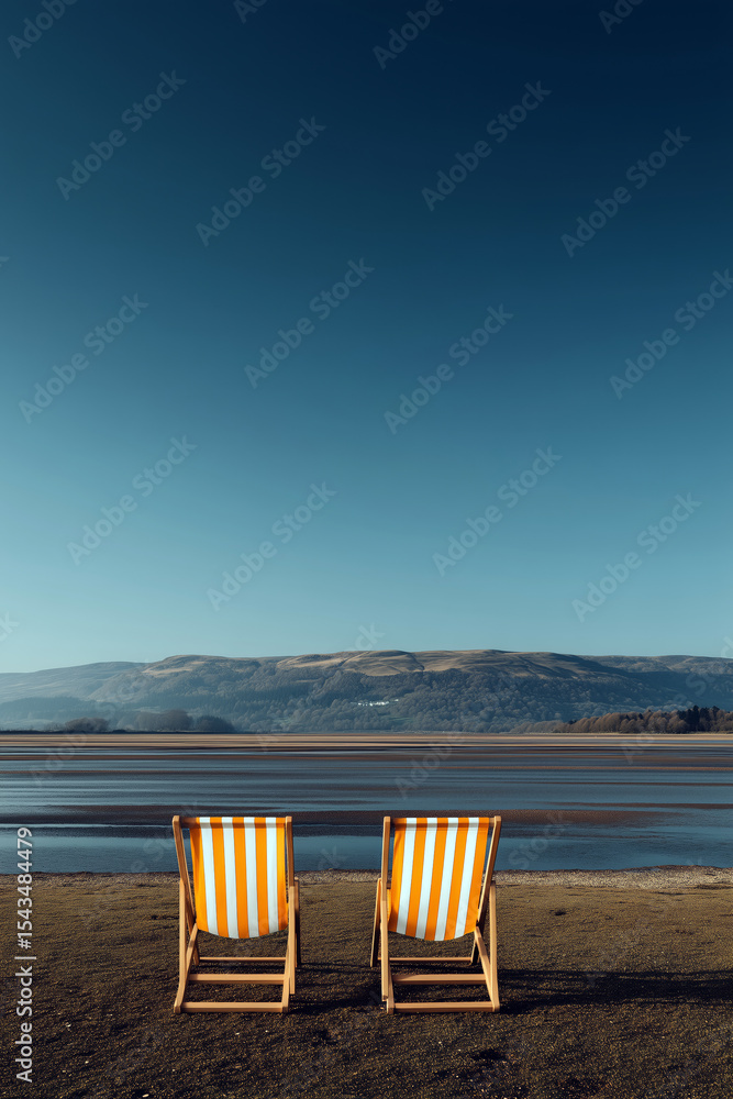 Naklejka premium Two Striped Deck Chairs Facing Tranquil Water with Mountain Horizon under Clear Blue Sky