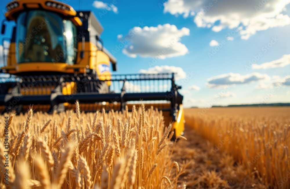 Fototapeta premium Modern yellow combine harvester working in a golden wheat field under a bright blue sky
