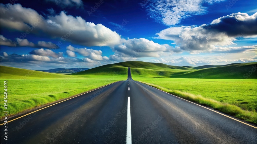 Fototapeta premium Asphalt road stretching towards rolling green hills under a vibrant sky, promising adventures and open horizons