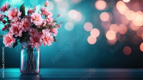 This image features a beautiful bouquet of pink flowers in a glass jar, set against a softly blurred background filled with warm, glowing bokeh lights for a charming ambiance.