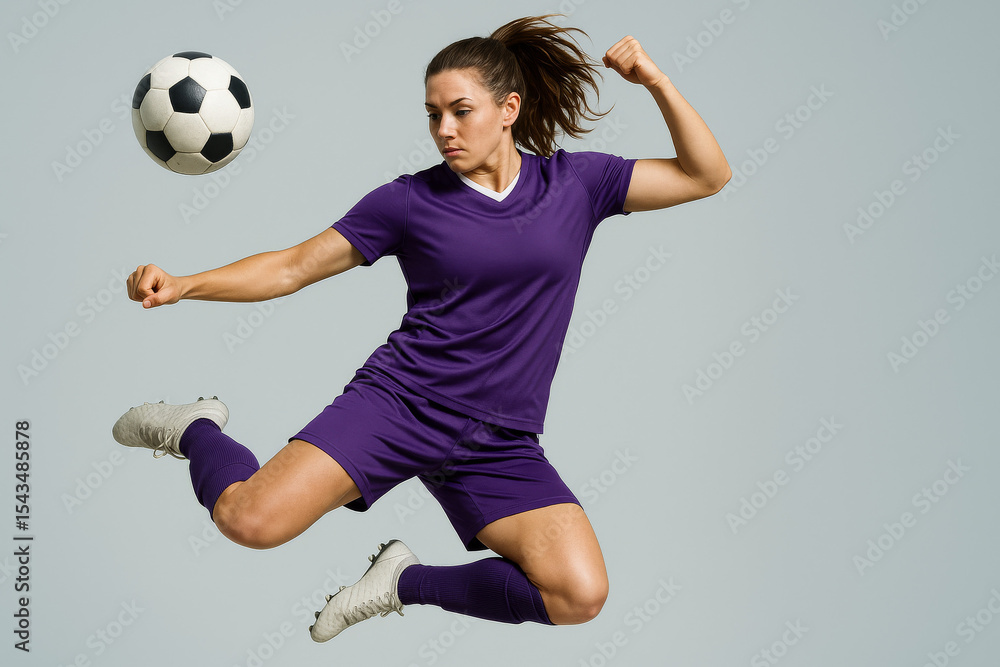 Fototapeta premium Soccer Player in Mid-Air Kick: A female soccer player in a purple uniform executes a powerful mid-air kick, demonstrating athleticism and skill. The dynamic pose showcases her determination and focus.
