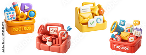 3D marketing toolboxes with icons for email, ads, PPC, and SEO tools, isolated on transparent background