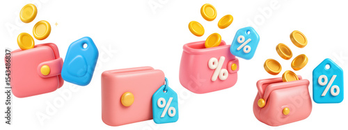 Cute 3D pink wallets with flying coins and blue percent discount tags, isolated on transparent background