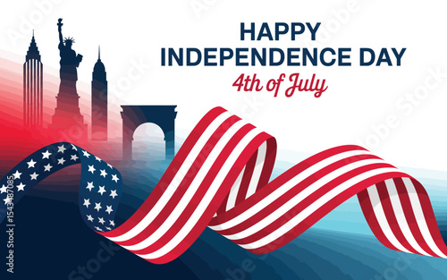 happy independence day 4th of july celebration with american flag ribbon and new york city skyline featuring iconic landmarks