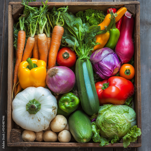 Variedade colorida de vegetais frescos em uma caixa de madeira rústica
