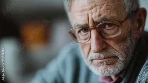 A close-up of an older man wearing glasses and a serious expression, reflecting a range of emotions from wisdom and concern to contemplation and life experiences.