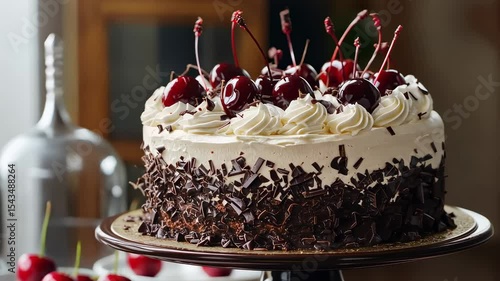 Decadent black forest cake with cherries and whipped cream