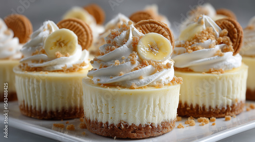 Mini Banana Pudding Cheesecakes for Parties and Celebrations. Arranged neatly on a platter, these delightful desserts are ready to serve.