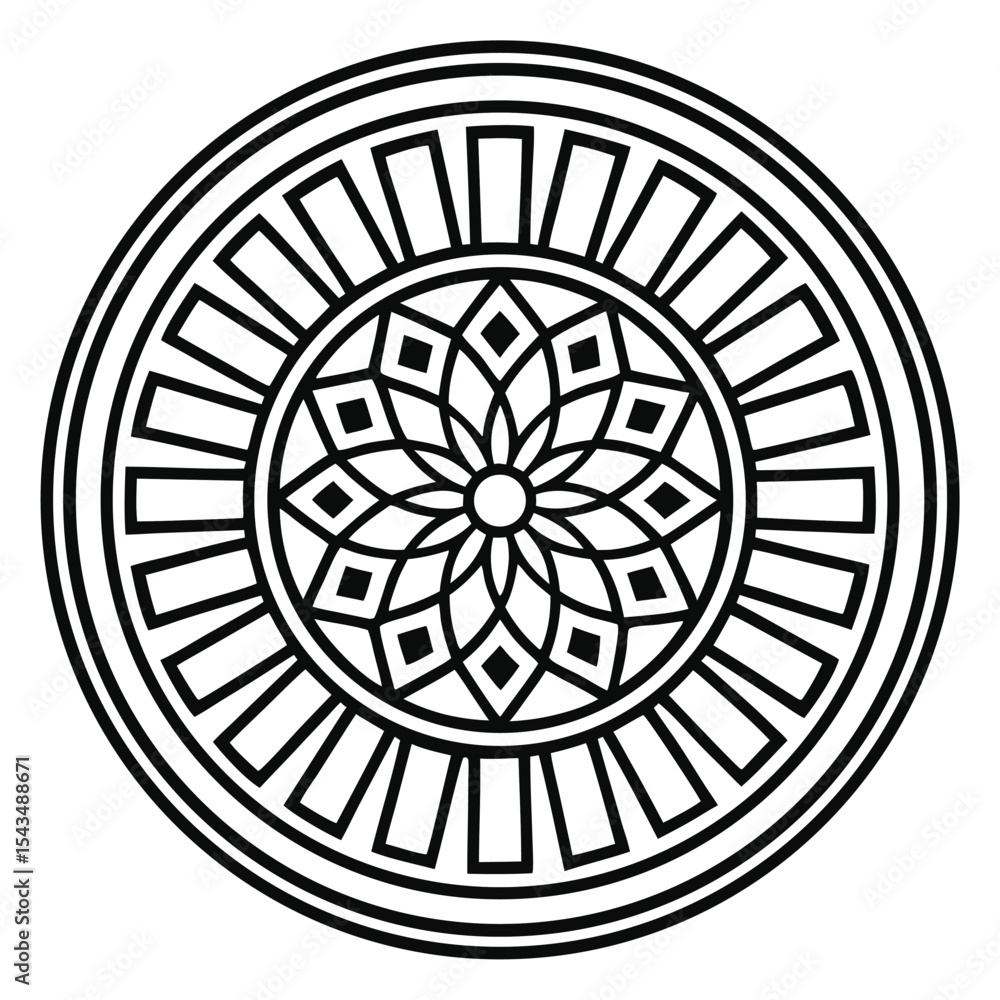 Geometric Mandala Pattern: Intricate Floral Design and Radial Symmetry in Clean Black and White Outline, Ideal for Coloring Pages and Artistic Projects. Geometric Mandala Pattern: Intricate Floral Design and Radial Symmetry in Clean Black and White Outline, Ideal for Coloring Pages and Artistic Projects.