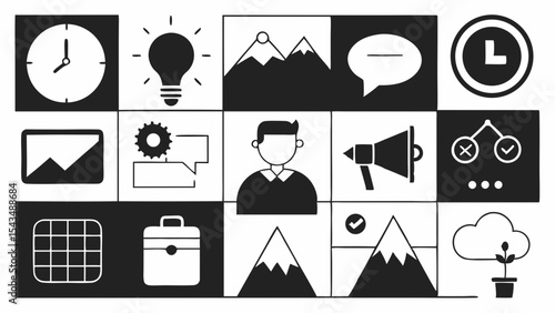 Collection of black and white business icons isolated on white background