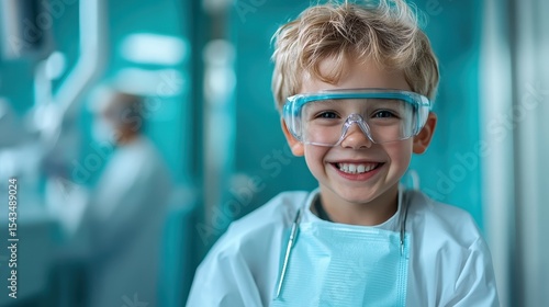 A cheerful young boy with a bright smile wears safety glasses in a dental office, showcasing his readiness for the dentist, merging a sense of safety and comfort with childlike joy.