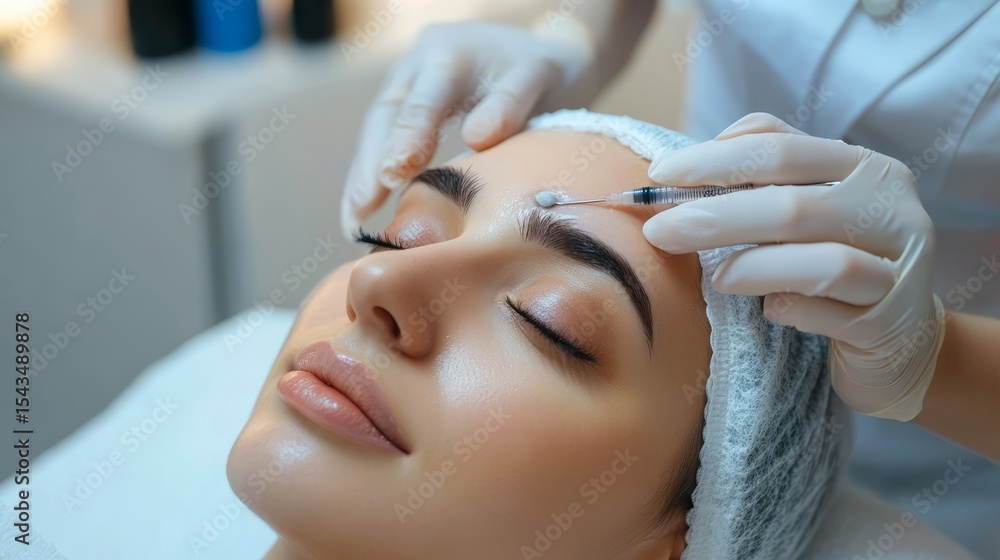 Naklejka premium Cosmetologist making filler injection in female patient's forehead in cosmetology clinic
