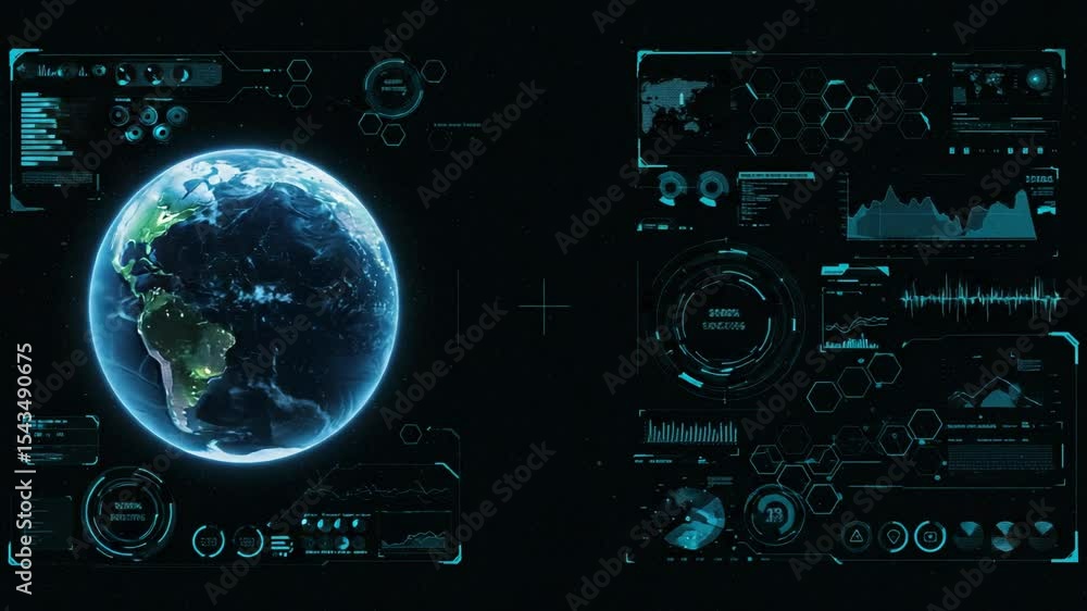 A futuristic display featuring Earth surrounded by data visualizations and technological interfaces, conveying innovation and digital advancements.