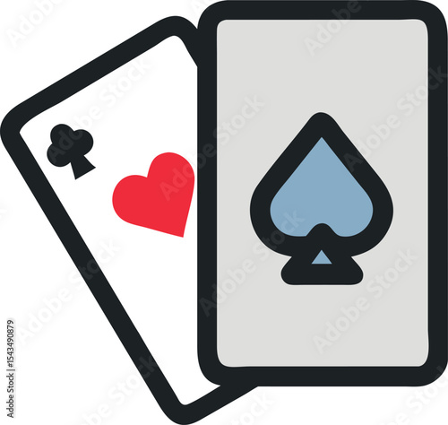 Stylized Card Icon: Simple Graphic of Two Playing Cards - Ace of Clubs & Heart Overlaid on Top of a Card with Blue Spade Outline in a Black Border, Isolated on White