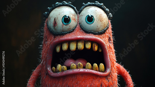 Close-up of a monstrous, furry creature with wide, frightened eyes and a gaping maw. 