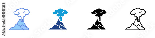 Volcano Eruption Icon Set - Color, Flat, and Outline Styles for Web, App, and Print Design