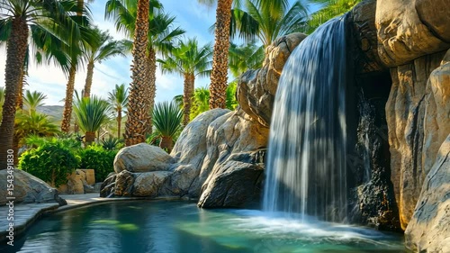 Tropical waterfall cascading into pool