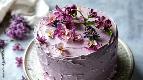 Lavender-toned cake adorned with edible flowers