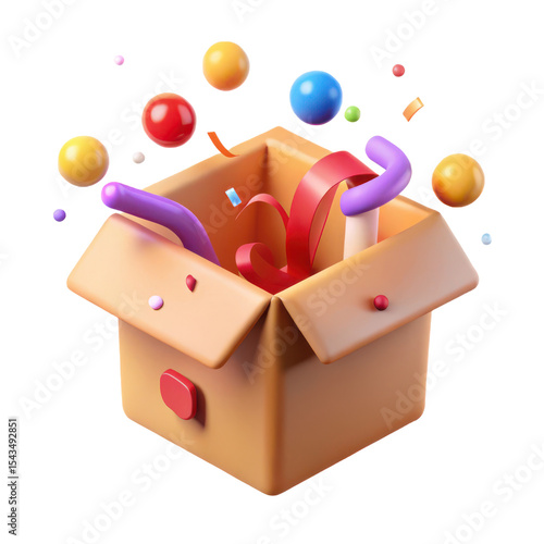 Open box with surprise gift present confetti balloons and ribbons for celebration or birthday party
