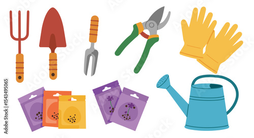 Illustration of gardening tools including trowel, fork, gloves, and seed packets