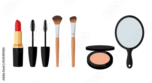 Illustration of makeup items including lipstick mascara brushes powder and mirror