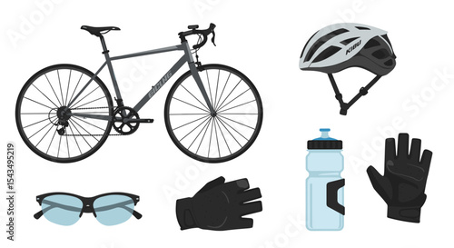 A bicycle with helmet, bottle, glasses and gloves for cycling on white background
