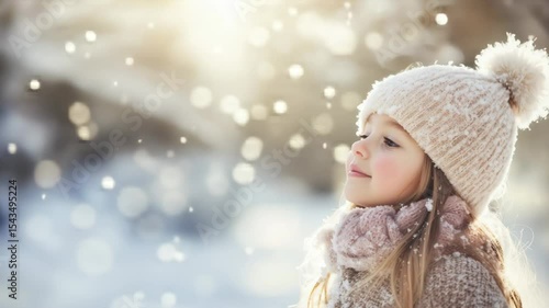 Wallpaper Mural Smiling young girl wearing a cozy hat and scarf gazes upward at softly falling snow. Her face glows with wonder and happiness, surrounded by dreamy winter light and snowflakes. Torontodigital.ca