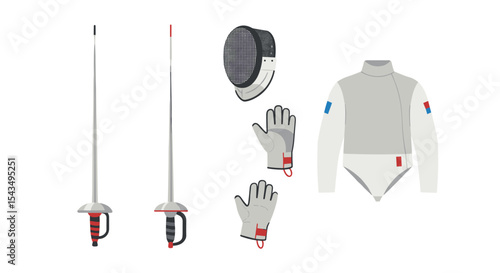 Illustration showing fencing equipment including swords mask gloves and uniform suit
