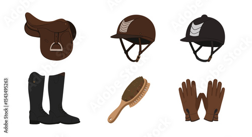 Illustration of equestrian equipment including saddle helmets boots brush gloves