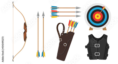 Illustration showcasing archery equipment including bow arrows target and vest gear