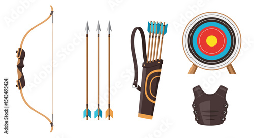 Illustration showing archery equipment including a bow arrows target and armor