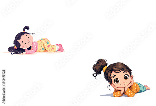 Vsai two cute little girls lying on the floor, one sleeping and one daydreaming