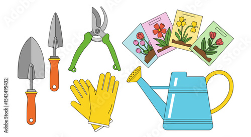 Illustration of gardening tools including shovels pruners gloves seed packets and watering can
