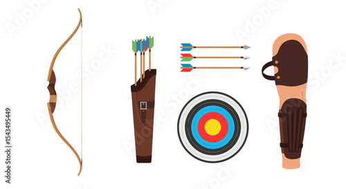 Illustration of archery equipment including bow arrows quiver target and arm guard