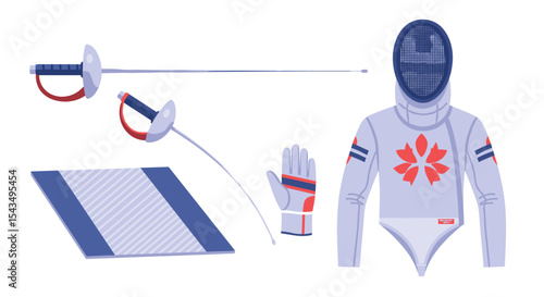 Illustration of fencing equipment including swords, mask, suit, glove, and piste