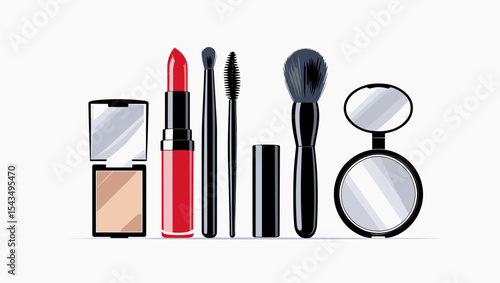 Illustration showing an arrangement of various makeup products on a white surface