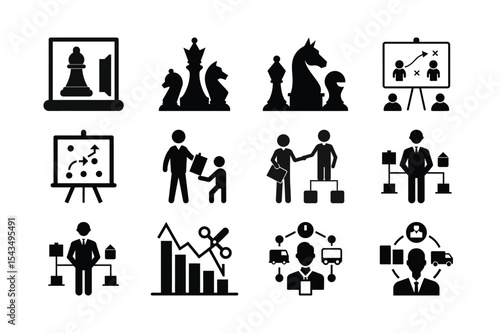 Business Strategy and Planning Icons Depicting Tactics, Hierarchy, and Logistics for Corporate Development and Decision Making Processes