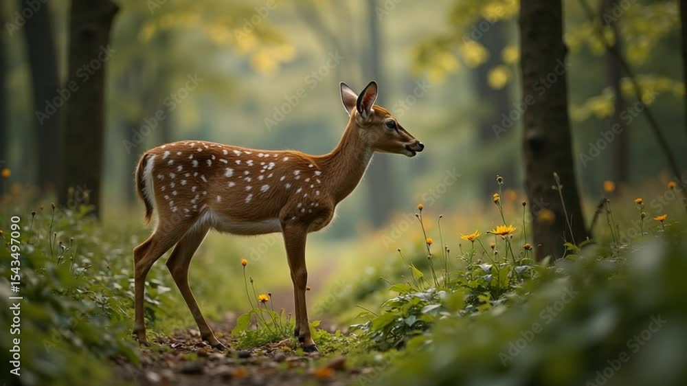 Standing Fawn in Forest Glade on Woodland Trail Standing Fawn in Forest Glade on Woodland Trail