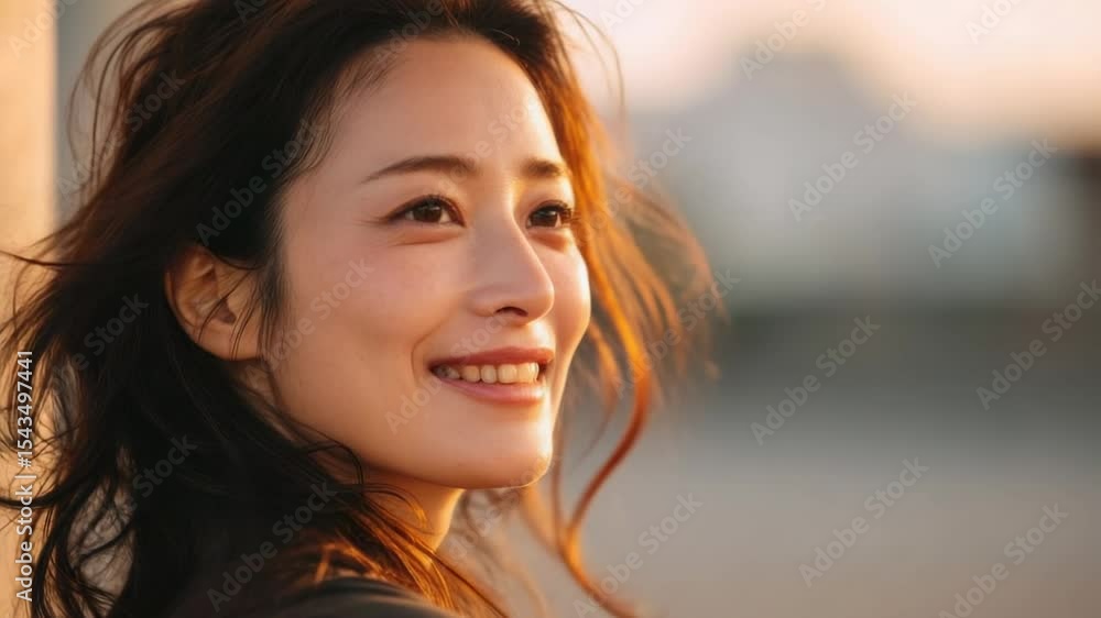 Smiling woman enjoys sunset in urban landscape capturing joyful moment and serene beauty Smiling woman enjoys sunset in urban landscape capturing joyful moment and serene beauty