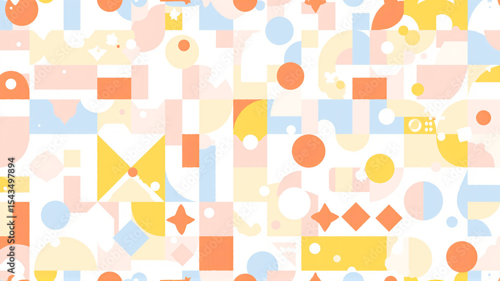 Vibrant geometric pattern with circles, squares, triangles in bright orange, blue, yellow, pink, white, arranged neatly in a lively, modern style. Vibrant geometric pattern with circles, squares, triangles in bright orange, blue, yellow, pink, white, arranged neatly in a lively, modern style.